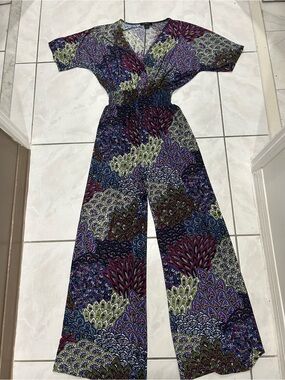 5th & Love Multicolor Parsley Print Short-Sleeve Wide-Leg Jumpsuit Elastic Waist